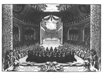 Concerto no jardim do Trianon, 2º dia de celebrações em Versalhes, 14 de julho de 1668 &39;, 1675 (gravura) (foto bw)